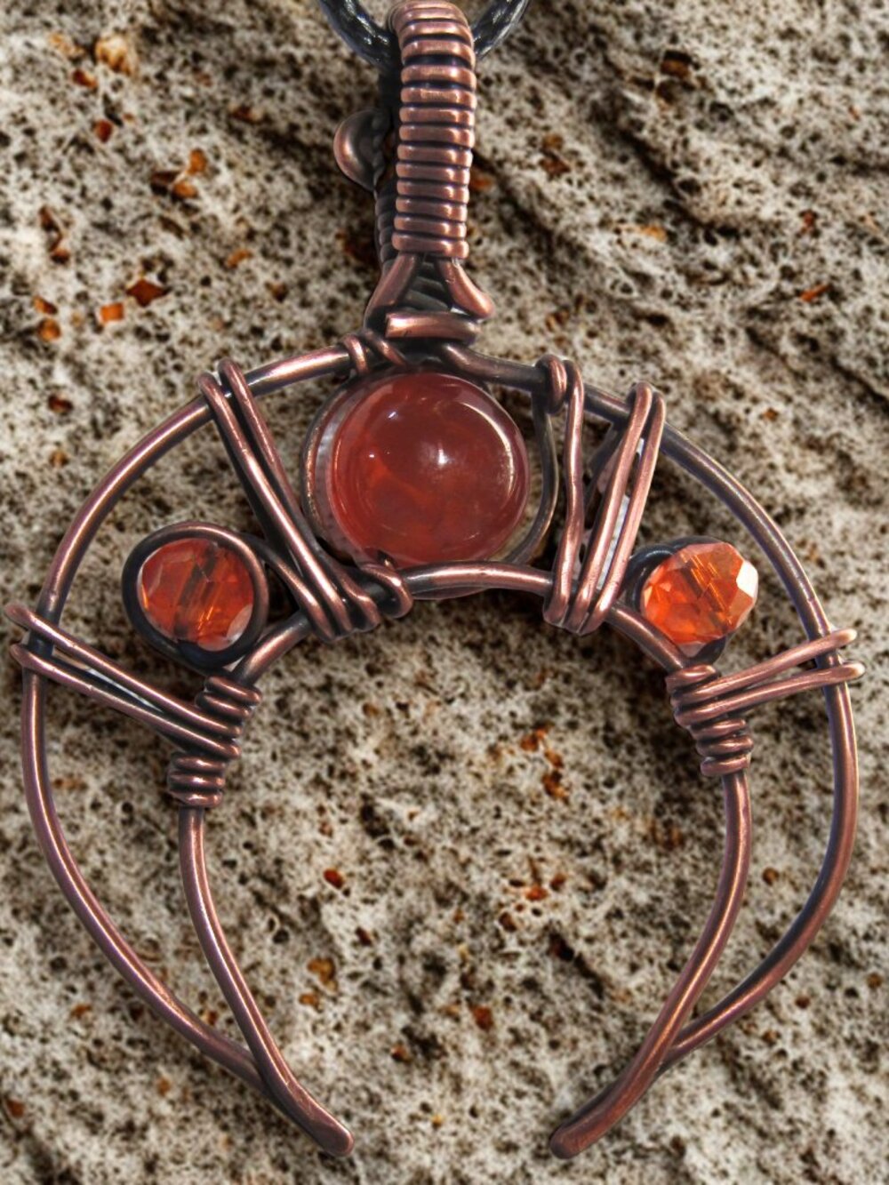 Copper Wire Wrap Crescent Moon Pendant Fire Agate & Orange Bead Tribal Statement